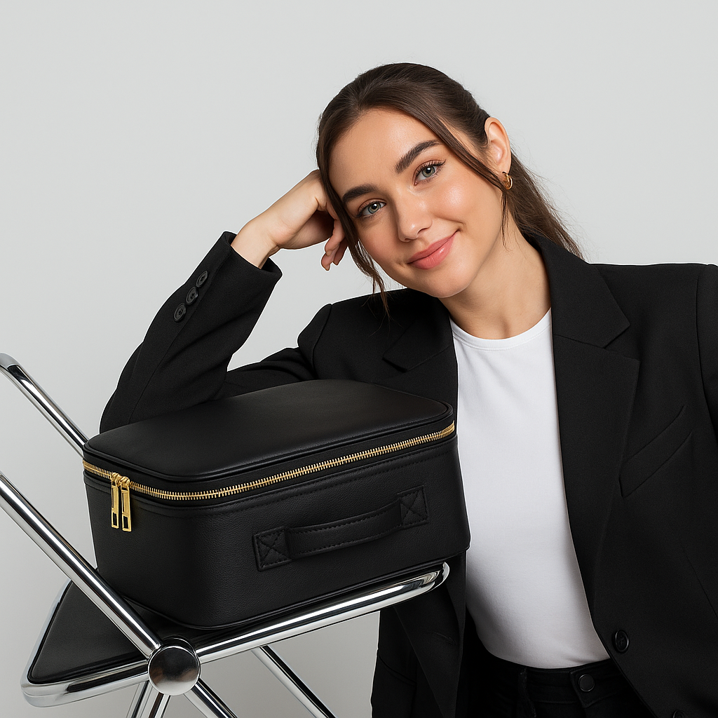 alt="Smiling woman in black blazer showcasing a luxury black beauty case with gold zipper"